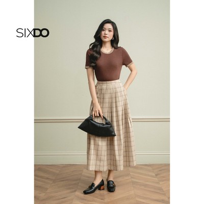 Chân váy xòe kẻ dáng dài SIXDO (Light Brown Woven Flared Skirt)