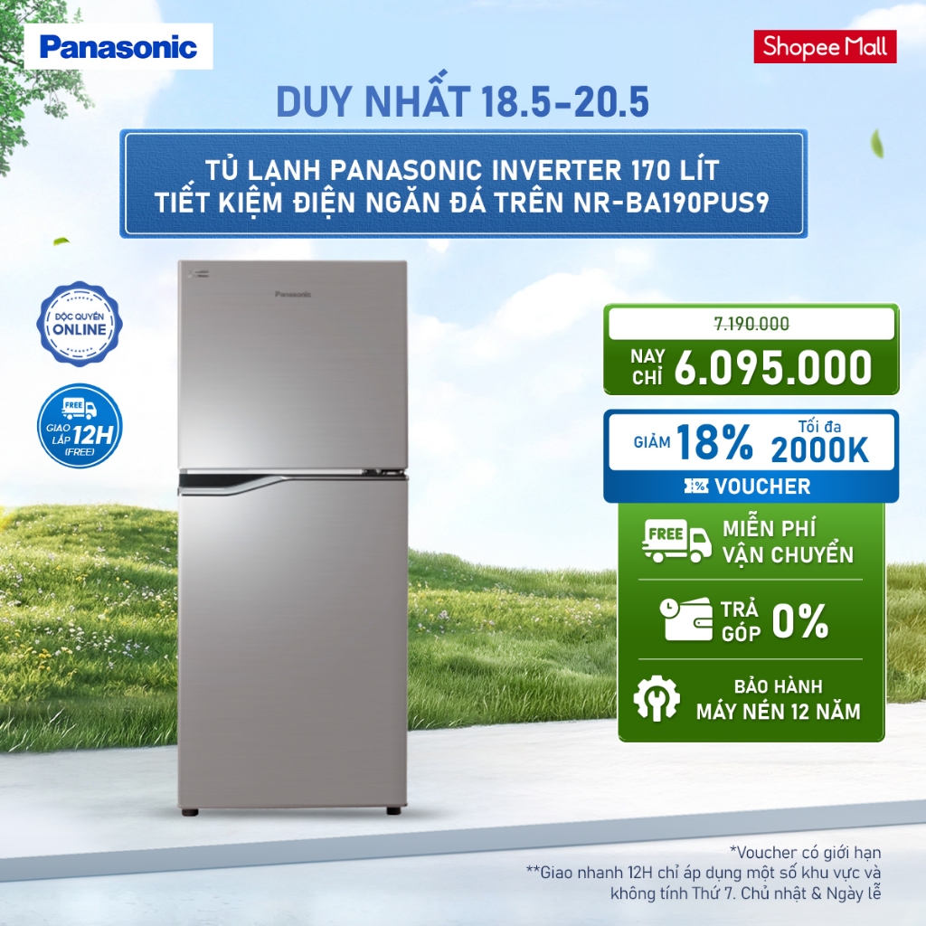 [ELPN2TV GIẢM TỐI ĐA 2TR] Tủ lạnh Panasonic Inverter 170L NR-BA190PUS9 Tiết kiệm điện Ngăn đá trên