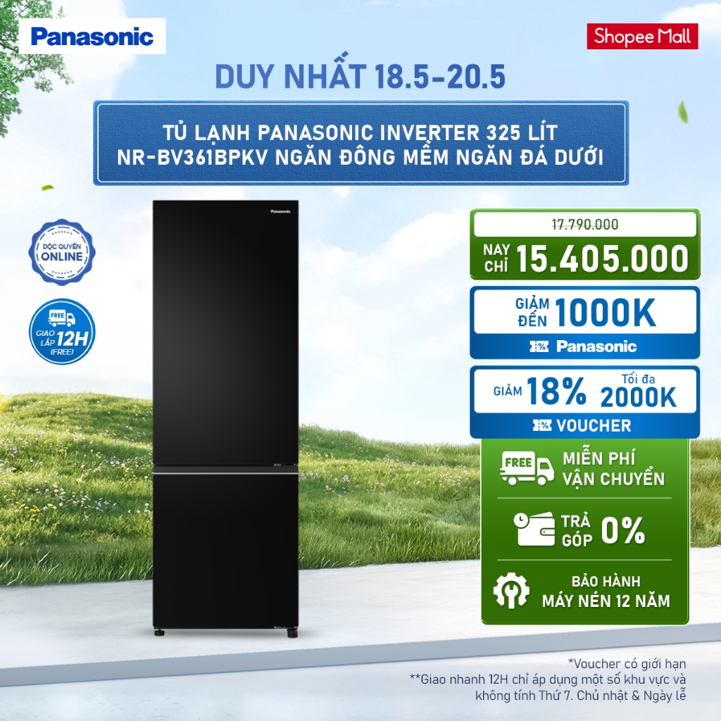 [ELPN2TV GIẢM TỐI ĐA 2TR] [Chỉ giao miền Bắc] Tủ lạnh Panasonic Inverter 325L NR-BV361BPKV Ngăn Đông