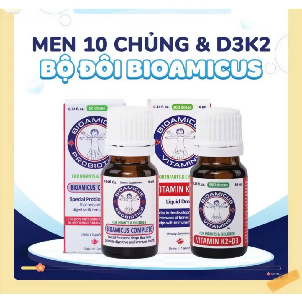 Bộ Đôi LỌ 10ML MEN VI SINH BIOAMICUS COMPLETE 10 CHỦNG LỢI KHUẨN & LỌ 10ML BIOAMICUS VITAMIN K2 D3 K