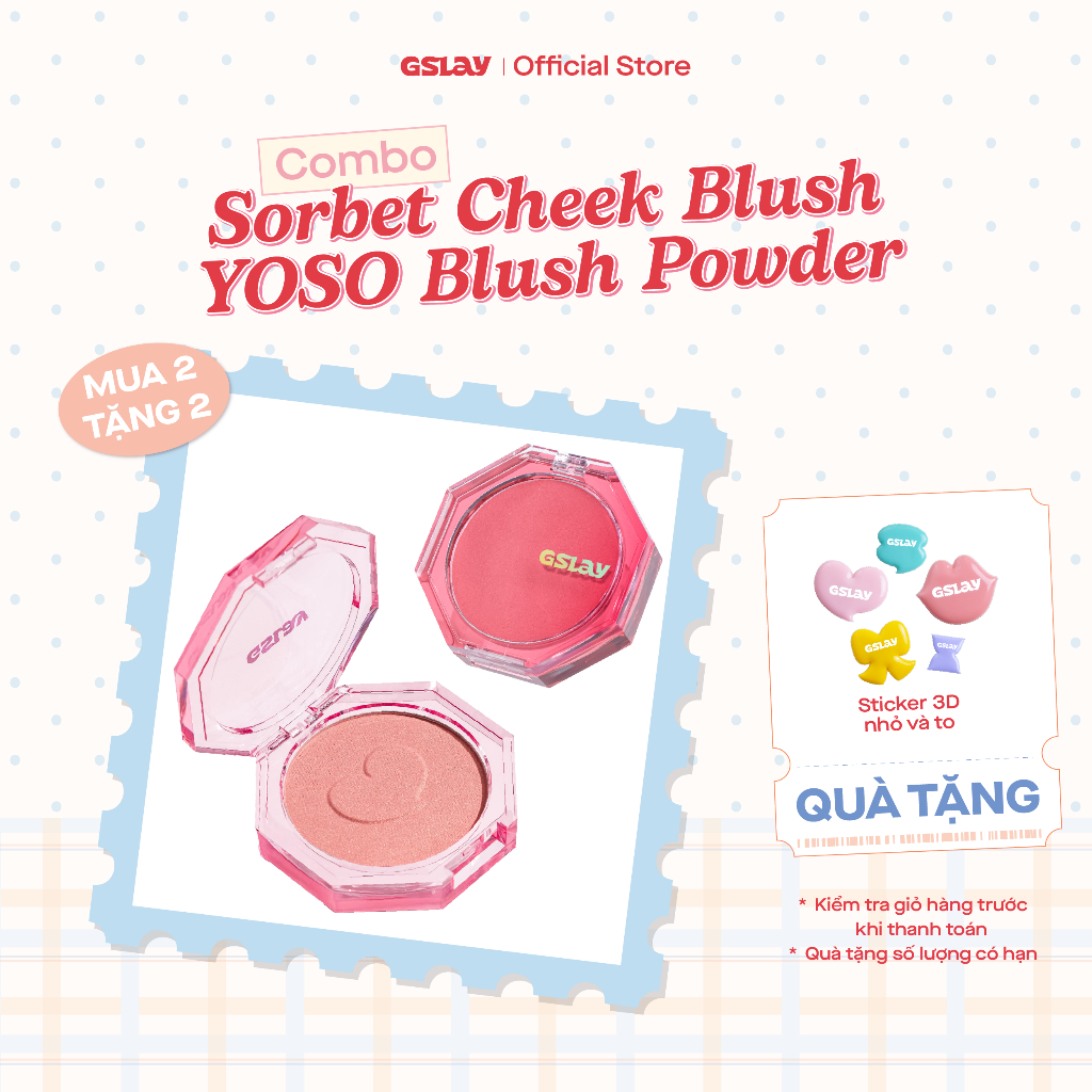 Combo GSLAY SORBET Má hồng kem hoá phấn thuần chay mịn lì (5g) & GSLAY YOSO Phấn má hồng mịn lì lên 