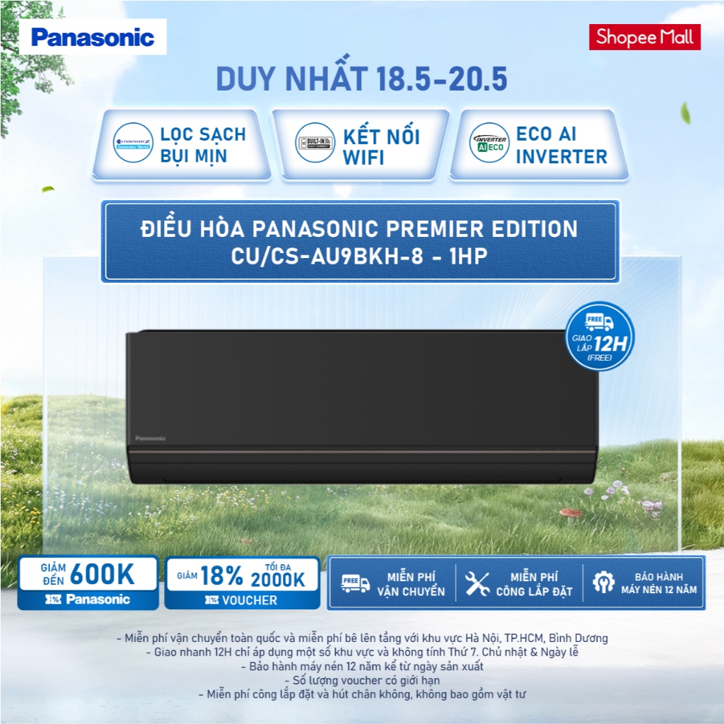 [ELPN2TV GIẢM TỐI ĐA 2TR] [SẴN HÀNG MIỀN BẮC] Điều hòa Panasonic Premier Edition CU/CS-AU9BKH-8 - 1H