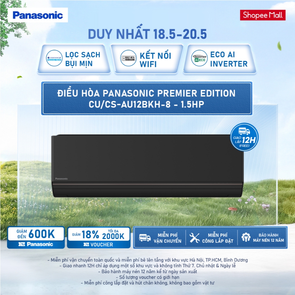 [ELPN2TV GIẢM TỐI ĐA 2TR] [SẴN MIỀN BẮC] Điều hòa Panasonic Premier Edition CU/CS-AU12BKH-8 - 1.5HP 
