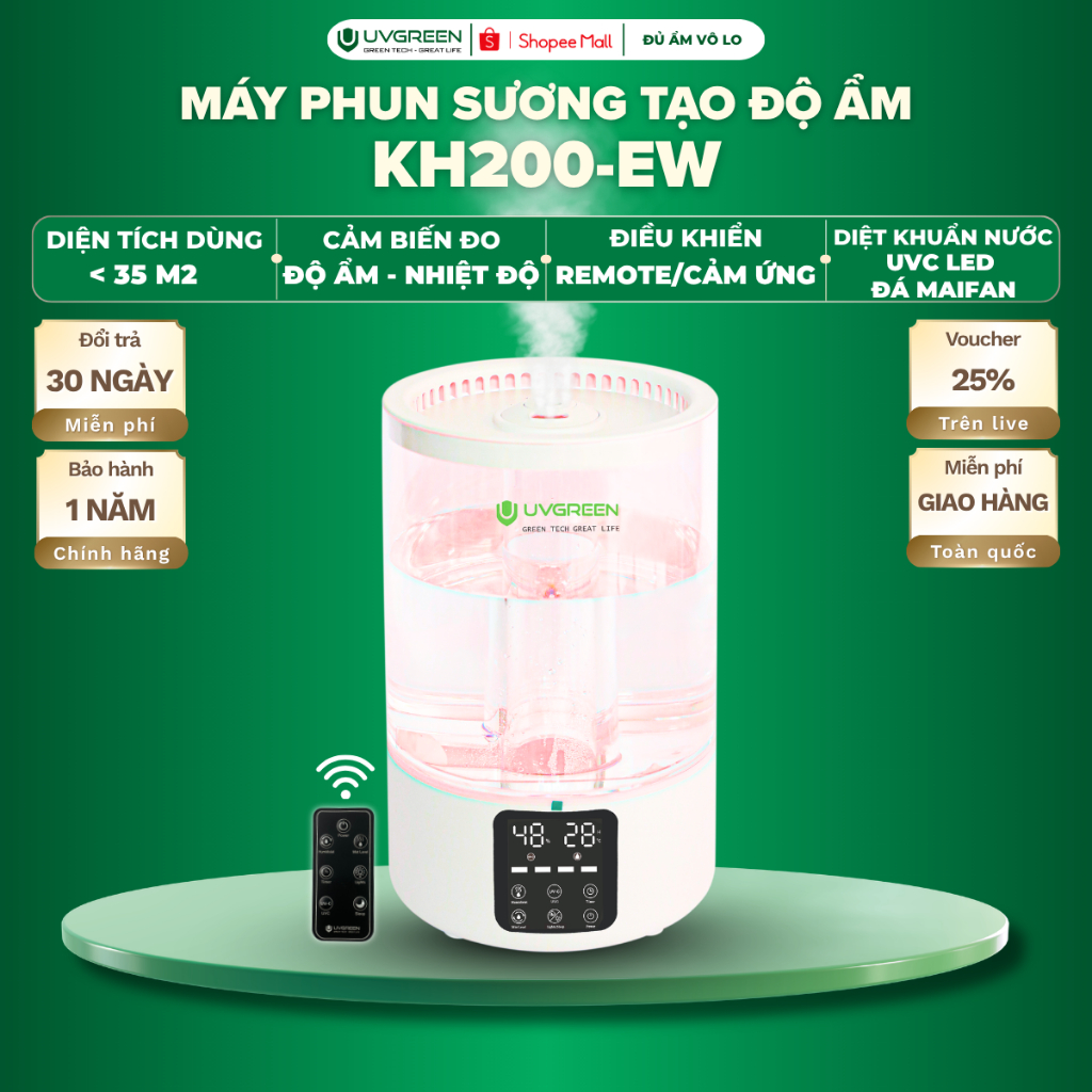 [HO] Máy Phun Sương Tạo Ẩm UVGREEN KH200 5 Lít, Sương Siêu Mịn, UVC Diệt Khuẩn, Xông Tinh Dầu