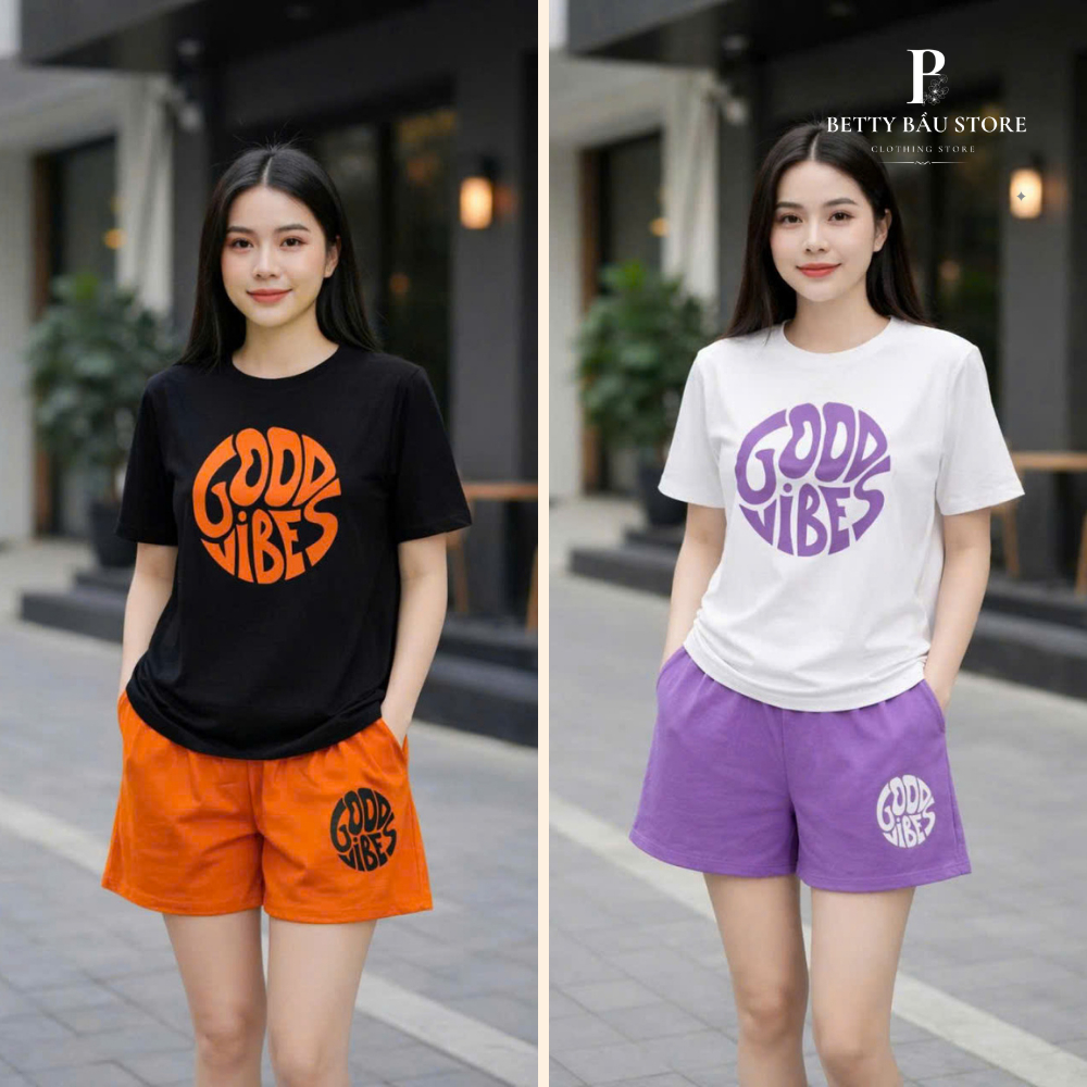 Bộ đồ nữ Good Vibes form rộng – Set áo thun in chữ trendy + quần short trẻ trung, đồ bộ nữ mặc nhà m
