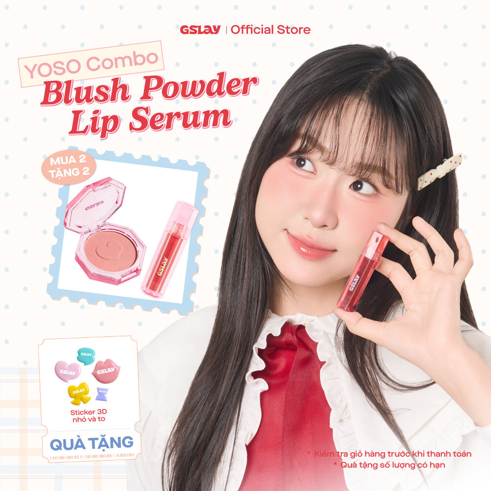 Combo GSLAY YOSO Son dưỡng bóng có màu thuần chay (1ml) & Phấn má hồng mịn lì lên chuẩn màu (5g)