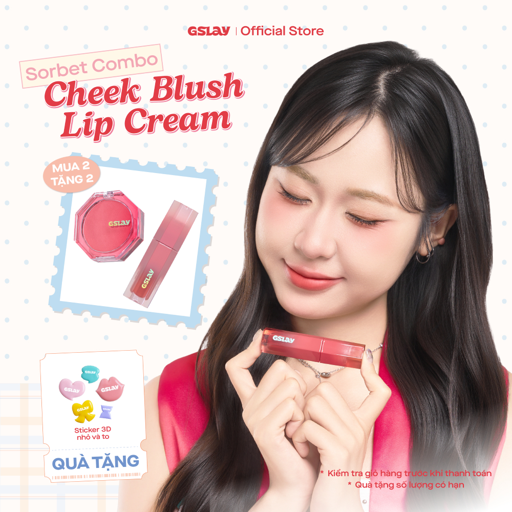 Combo GSLAY SORBET Má hồng kem hoá phấn thuần chay mịn lì (5g) & Son kem mịn mượt mờ lì thuần chay (