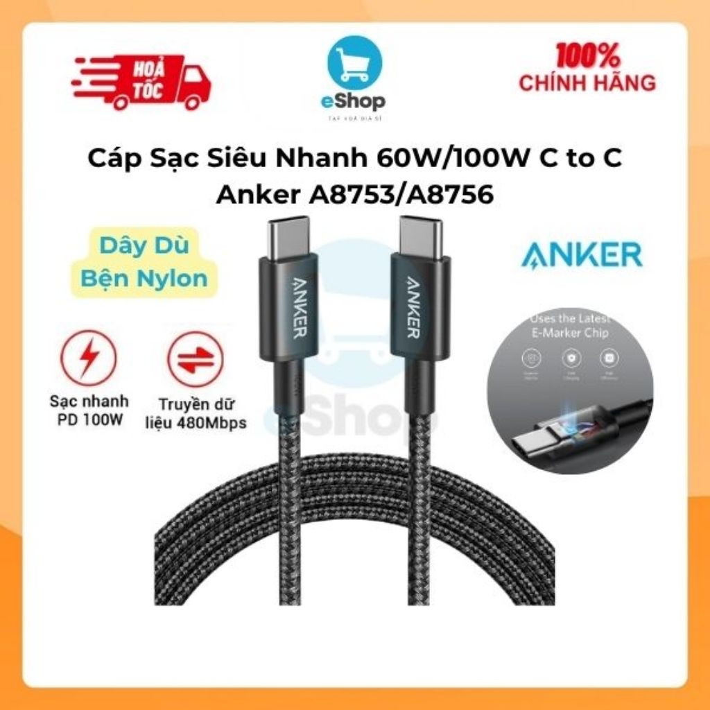 Cáp Sạc Nhanh Anker C to C 60W/100W A8753/A8756 Dây Dù Nylon Bện, Chip e-Marker, Truyền Data 480Mbps
