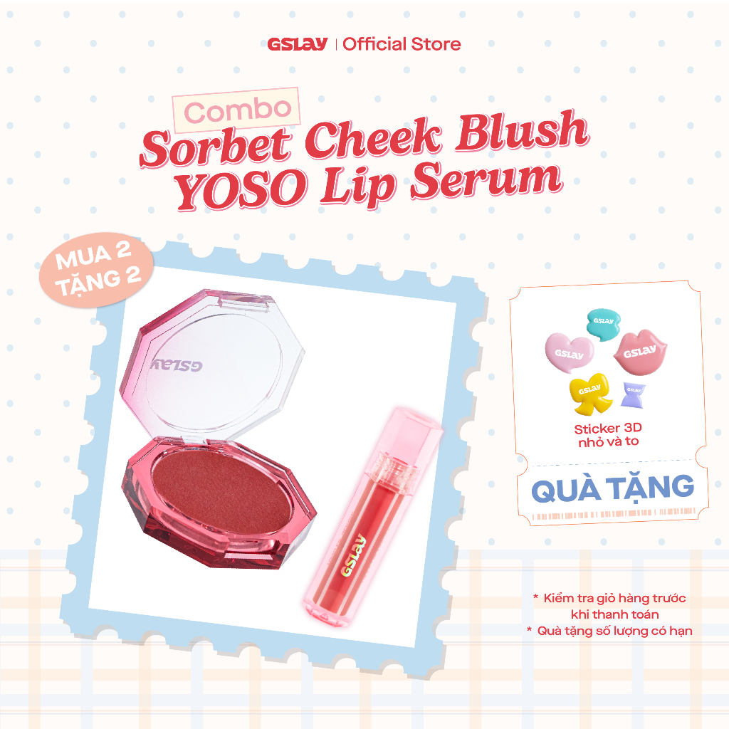 Combo GSLAY YOSO Lip Serum dưỡng ẩm, tái tạo môi (1ml) & GSLAY Sorbet Cheek Blush thuần chay mịn lì 