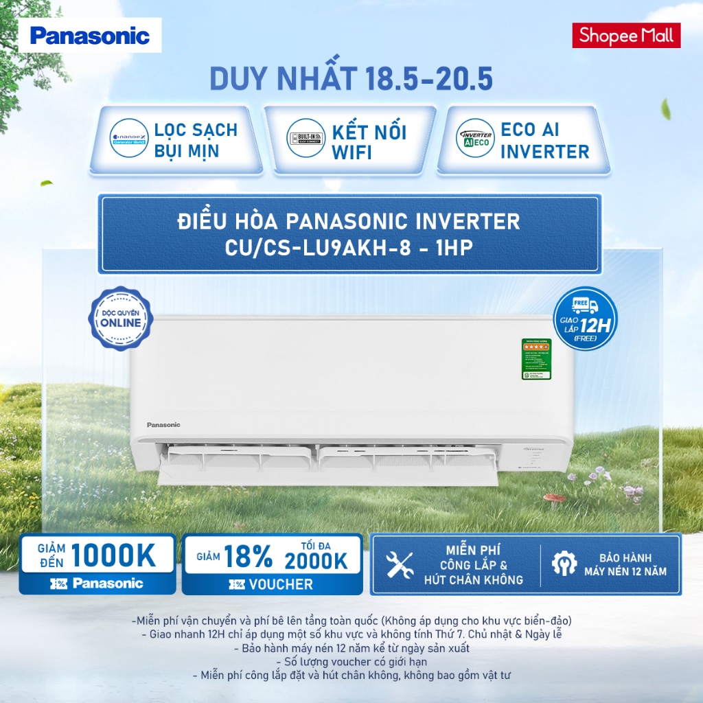 [ELPN2TV GIẢM TỐI ĐA 2TR] [PRE-ORDER MIỀN BẮC] Điều hòa Panasonic Inverter CU/CS-LU9AKH-8 - 1HP - EC