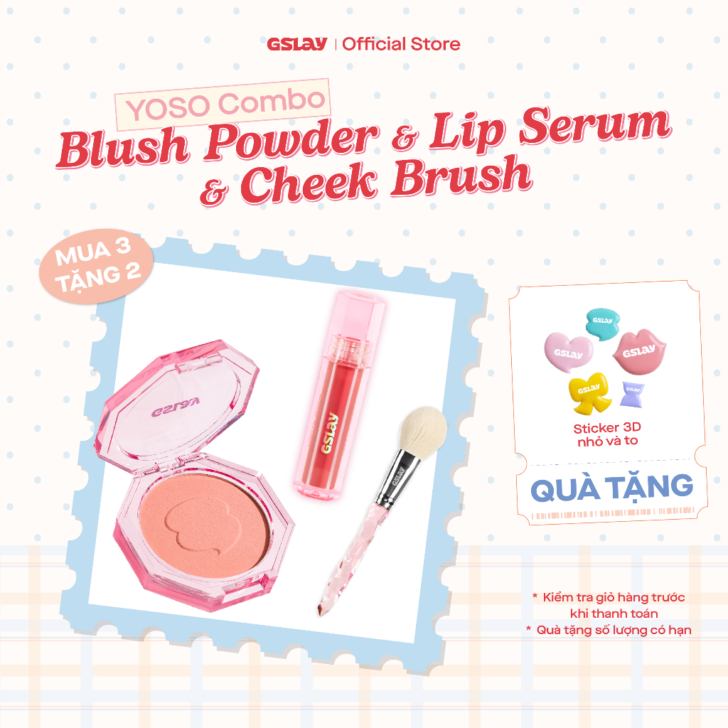 Bestie Combo GSLAY YOSO 03 Sản Phẩm: Phấn Má Hồng (5g), Son Dưỡng Bóng (1ml) và Cheek Brush Pink
