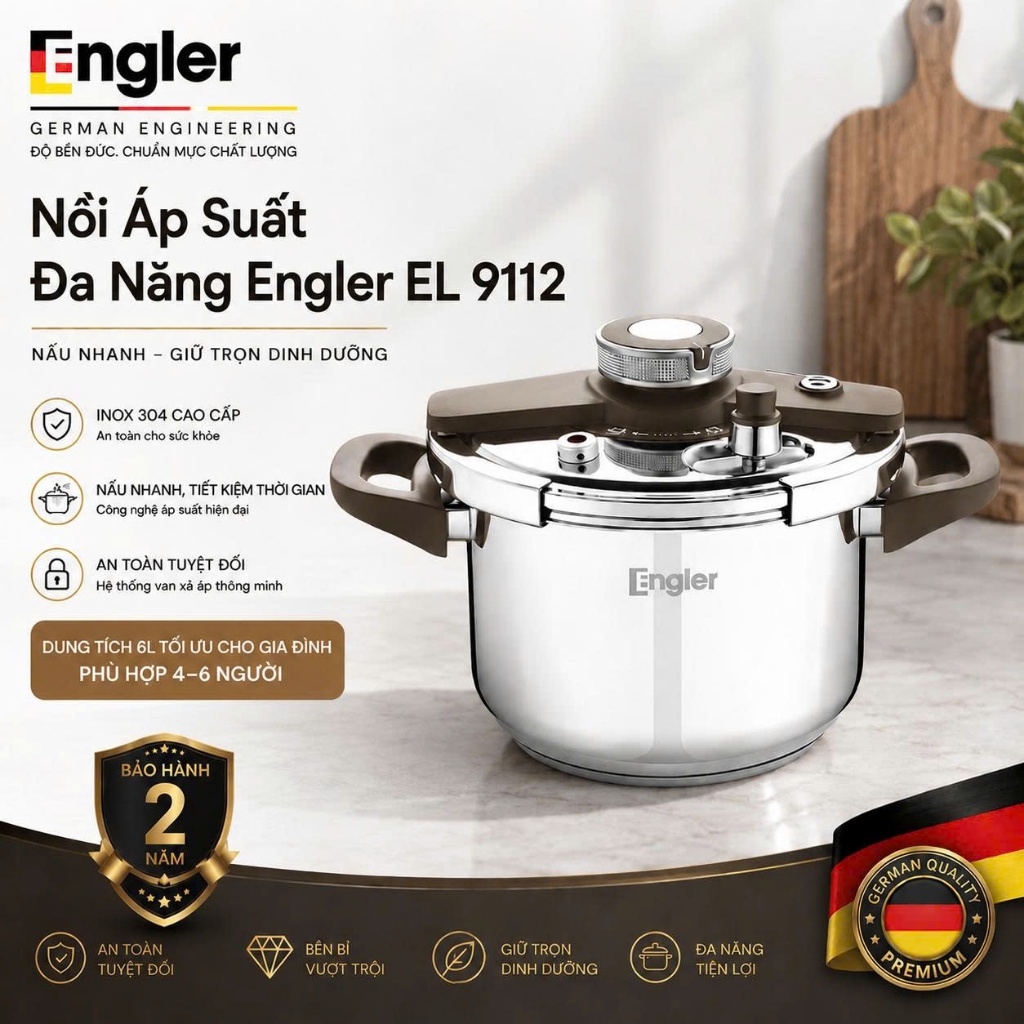 Nồi áp suất inox 304 Engler EL9112 dùng trên mọi loại bếp 6L an toàn bền bỉ nồi nấu đa năng
