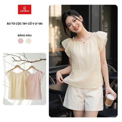 Áo kiểu nữ CARDINA chất liệu tơ cộc tay cổ V ly vai 6AKC22