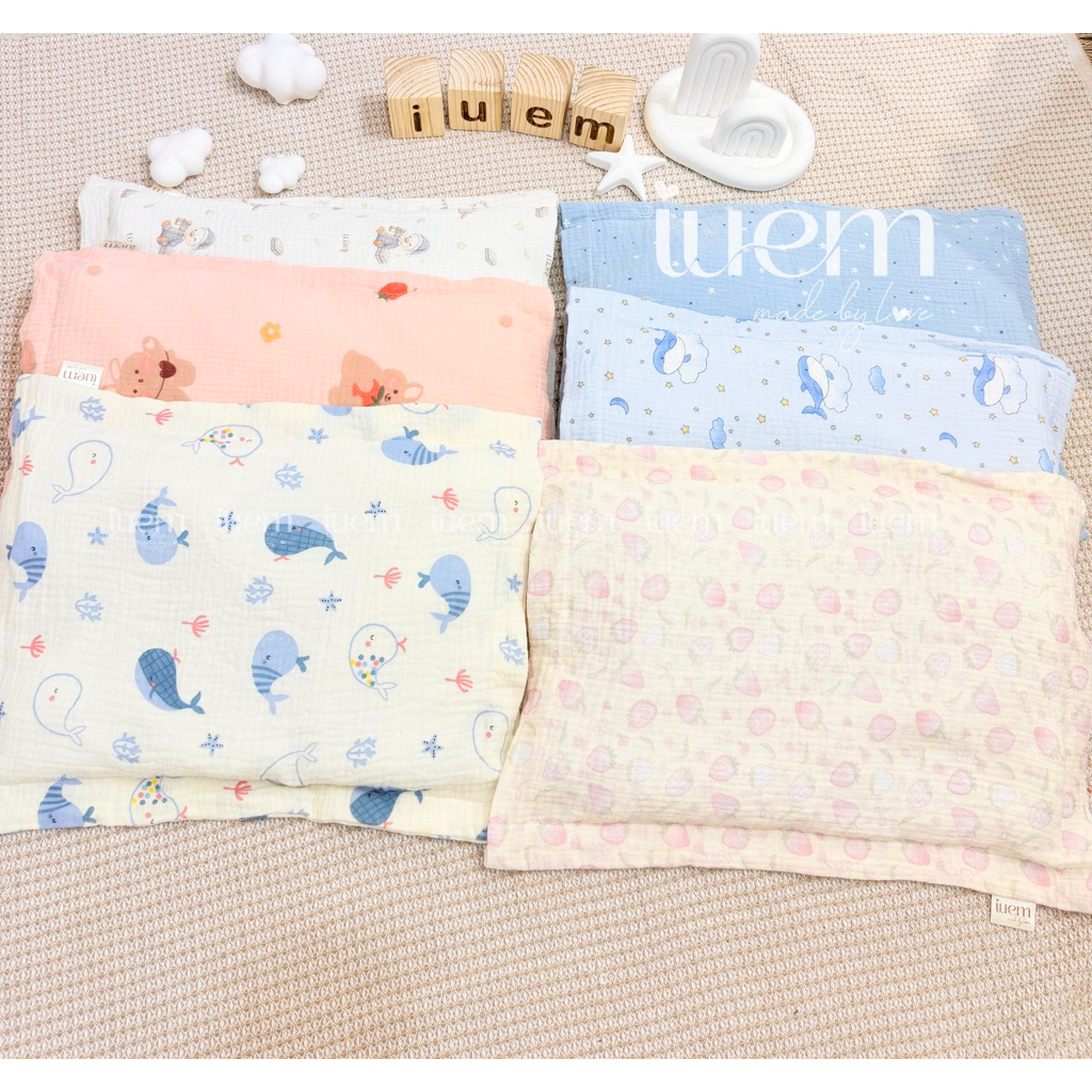 iuem Gối chữ nhật vỏ rời cho bé từ sơ sinh tới 1-2 tuổi , vỏ xô muslin thoáng mát