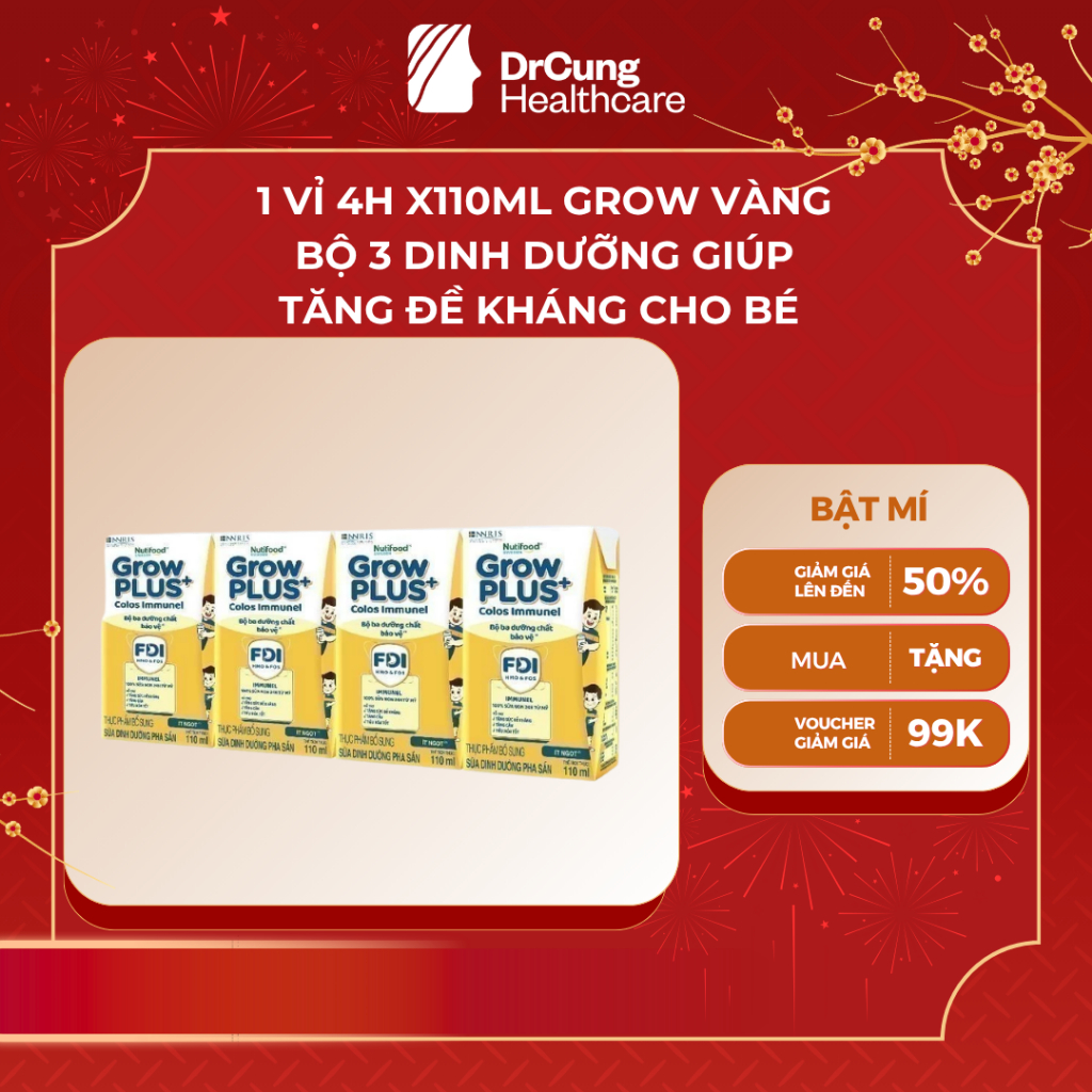 1 Vỉ GROW VÀNG Sữa Dinh Dưỡng 110ml Nutifood GrowPLUS+ Sữa Non Immunel - Tăng Đề Kháng (4 Hộp x 110m