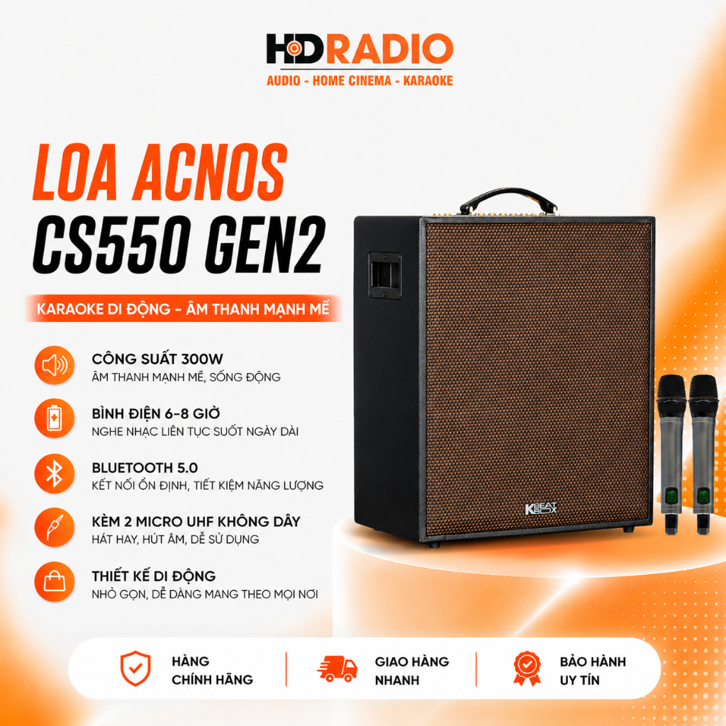 Loa Acnos CS550 Gen2, Công suất 300W, Bluetooth 5.0, Bình điện 6-8h