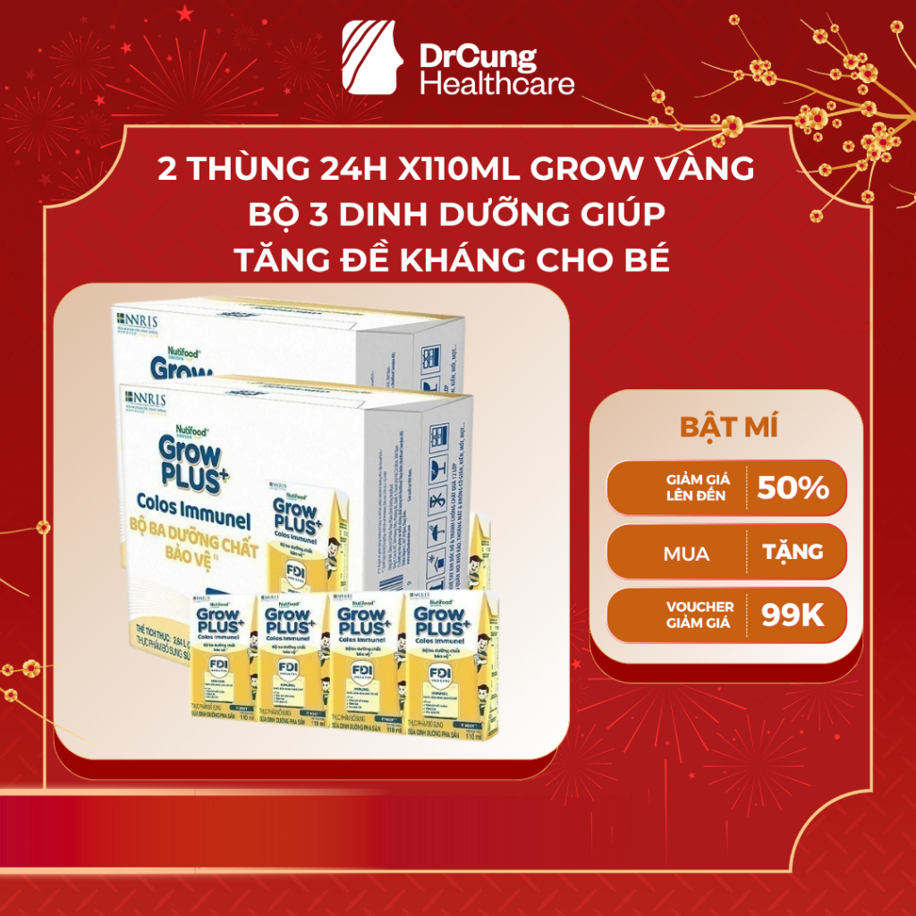 2 Thùng GROW VÀNG 24 Hộp 110ml Sữa Dinh Dưỡng Nutifood GrowPLUS+ Colos Immunel - Tăng Đề Kháng (48 H
