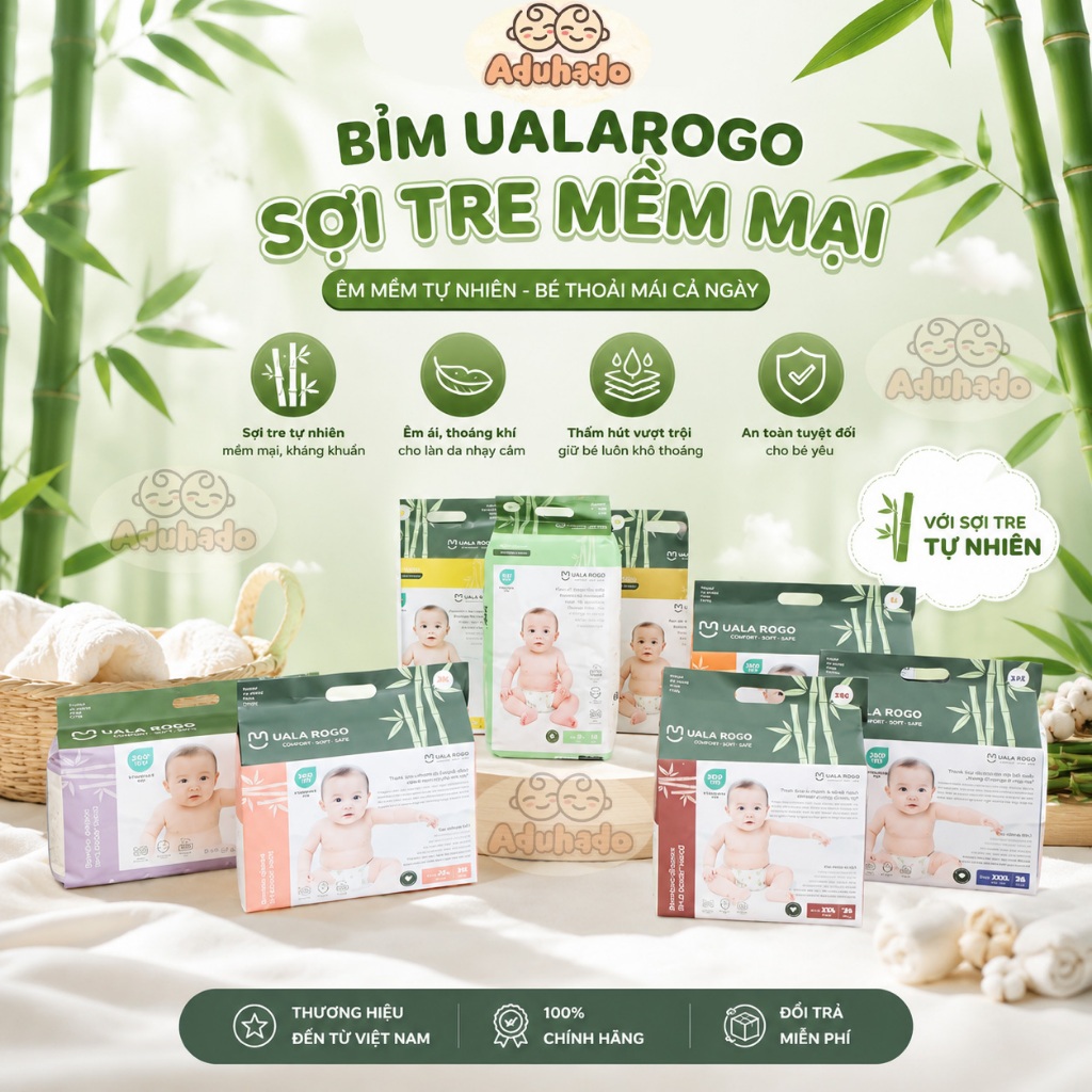 Tã bỉm UaLaRoGo 1 bịch bỉm sợi tre mềm mại, chống tràn, thấm hút đủ size cho bé