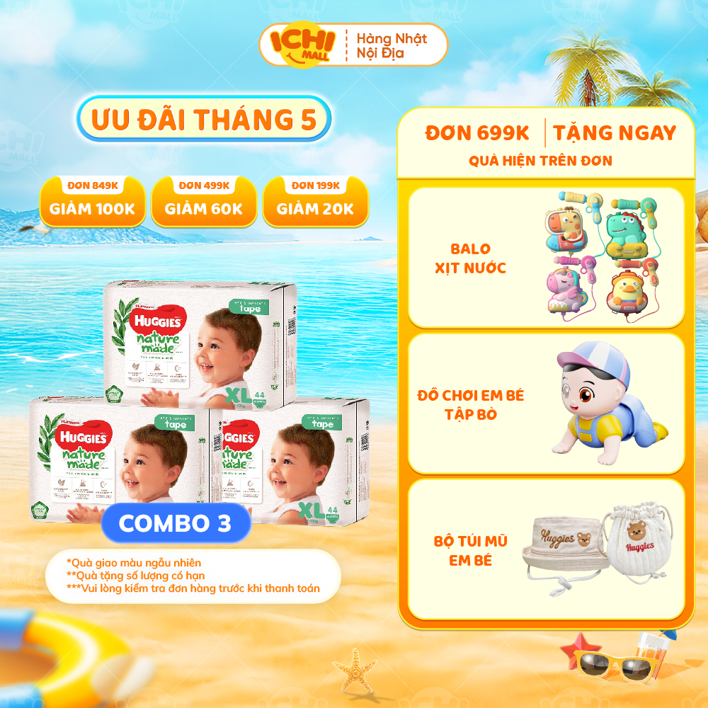 Combo 3 gói Tã bỉm dán/quần HUGGIES PLATIUM NATURE MADE size M58/L44/XL 38/XXL26/S82/NB60 - Hàng chí