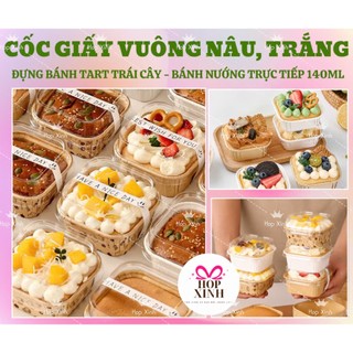 50 Cốc Giấy Vuông Kèm Nắp Đựng Bánh Tart, Bánh Kem, Bánh Ngọt , Nướng Trực Tiếp 140ml | Hộp Xinh