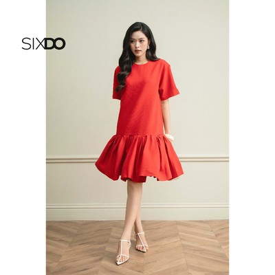 Đầm đỏ dáng suông đuôi cá ngắn tay SIXDO (Red Woven Loose Dress)