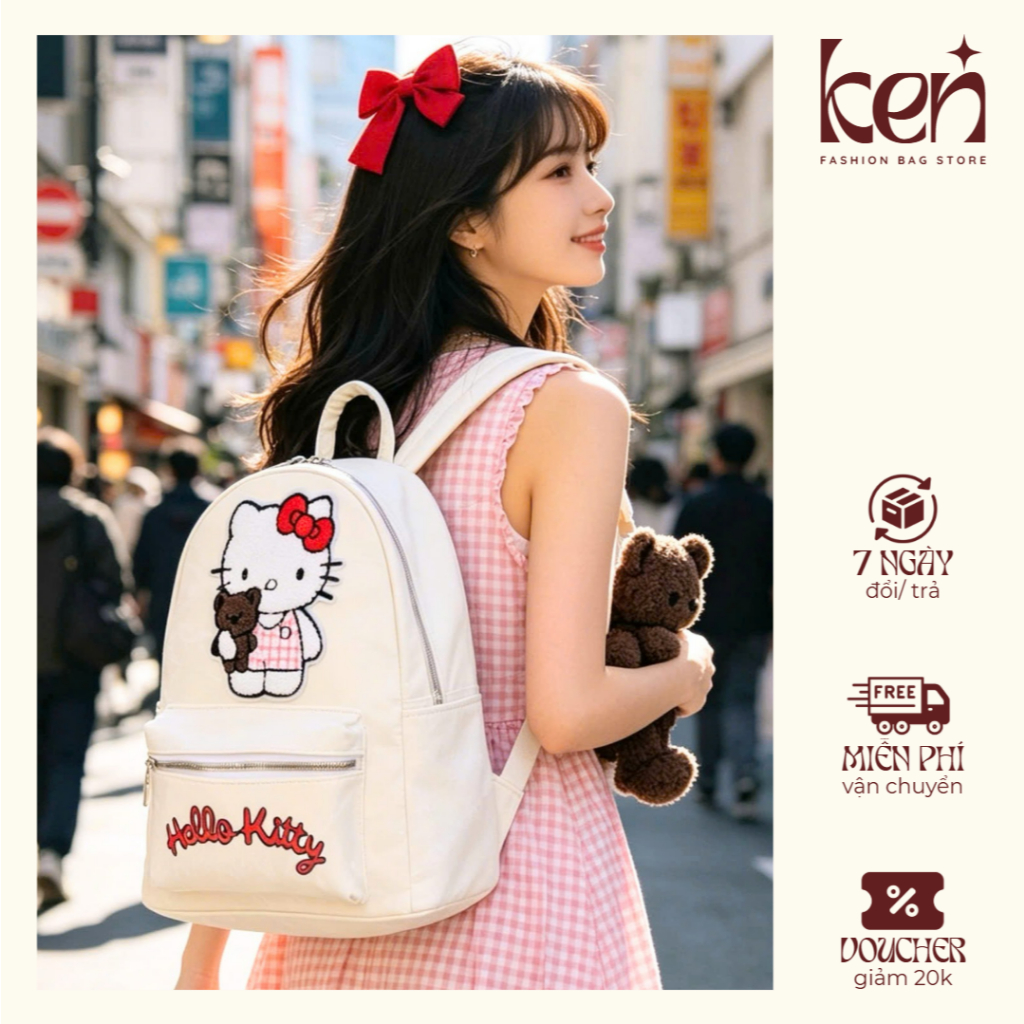 Balo đi học da nhung loang đính mèo hello kitty size 40 cho học sinh BL29 - Ken túi xinh