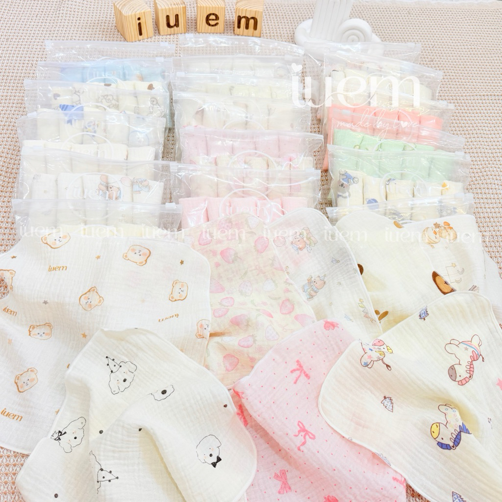 iuem khăn sữa xô muslin 2 lớp (set 5 cái) cho bé từ sơ sinh, làm khăn thấm sữa,1 mặt họa tiết, kt 28*28cm (+-1cm)