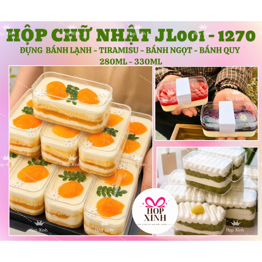 50 Hộp Chữ Nhật JL001 - 1270 Đựng Bánh Lạnh, Tiramisu, Bánh Ngọt, Bánh Quy 280ml - 330ml / Hộp Xinh