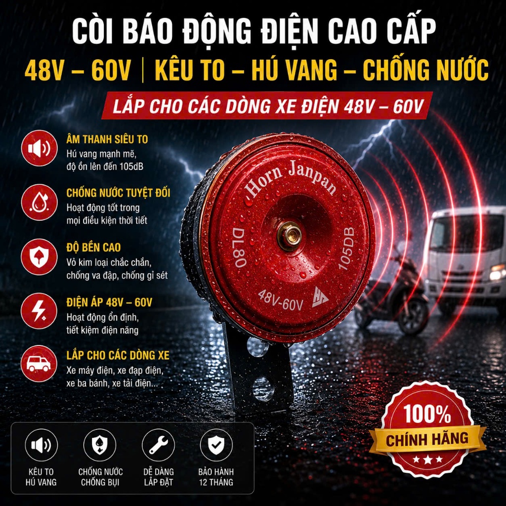 Còi xe điện 48-60volt lắp cho các dòng xe dùng 4 bình và 5 bình như 133S ,133M ,133Plus, 133Pro,Asam