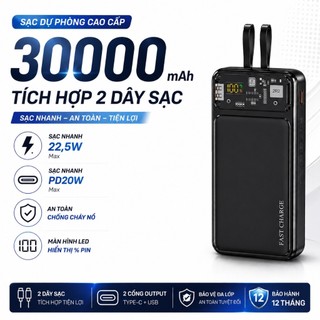 Sạc Dự Phòng Trong Suốt 30000mAh Với Cổng Sạc Nhanh 22,5W và PD 20W Kèm 2 Đầu Sạc Màn Hình LED