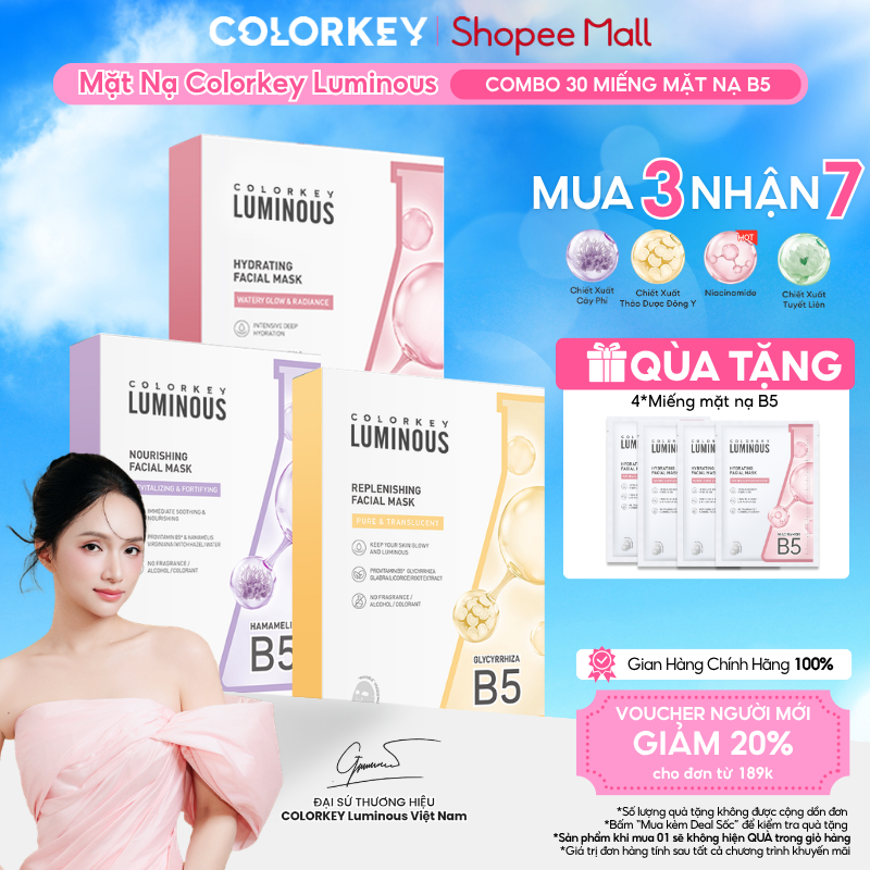 3 Hộp 3 Màu Mặt Nạ Giấy COLORKEY LUMINOUS Vitamin B5 Giúp Cấp Ẩm, Hỗ Trợ Làm Sáng Da 10 miếng