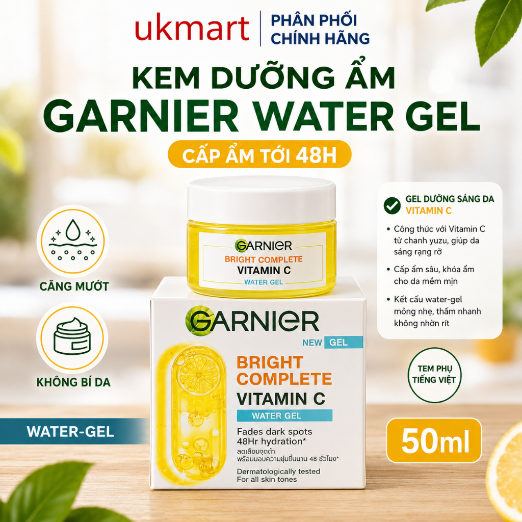 Kem dưỡng ẩm Garnier Water Gel mỏng nhẹ cấp ẩm tới 48H & hỗ trợ sáng da 50ml