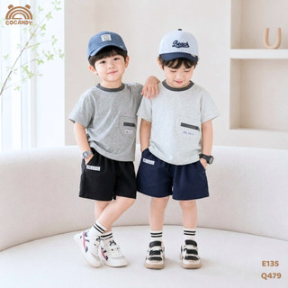 Set bé trai COCANDY -Áo cộc cotton Ghi Nhạt phối túi bụng ,Quần cộc(form lửng) kaki Be 1Y-12Y E135 Q4692