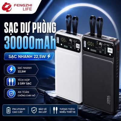 SẠC DỰ PHÒNG 30000mAh 22.5W SẠC NHANH CÓ MÀN HÌNH LED & 2 DÂY SẠC TIỆN LỢI