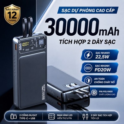 Sạc dự phòng 22.5W 30000mah kèm cổng type c sạc nhanh 2 chiều tích hợp 2 dây cáp hỗ trợ sạc nhiều thiết bị
