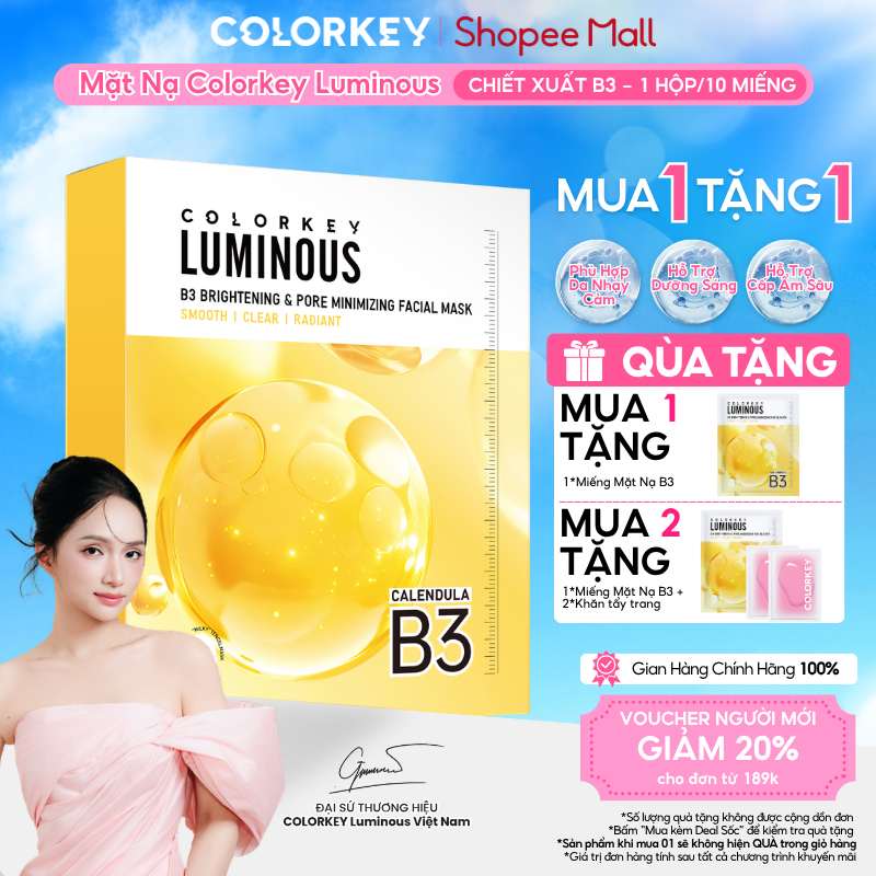 [MỚI] Mặt Nạ Giấy B3 1 Hộp 10 Miếng  COLORKEY LUMINOUS Hỗ Trợ Cấp Ẩm Và Hỗ Trợ Dưỡng Sáng Da Mịn Màn