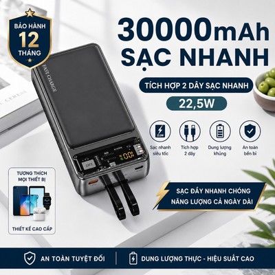 Sạc Dự Phòng Trong Suốt 30000mAh  Với Cổng Sạc Nhanh 22.5w và PD 20W Kèm 2 Đầu Sạc Màn Hình LED