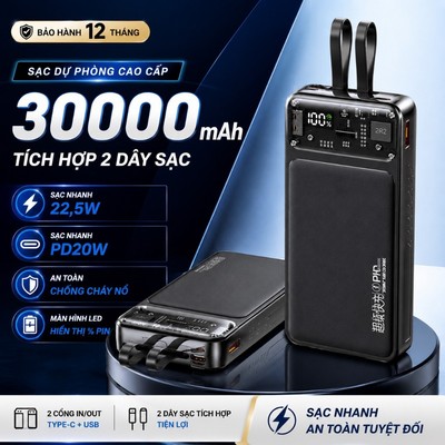 Sạc dự phòng dung lượng 30000mah sạc nhanh tích hợp dây sạc pin trâu led báo hiệu dung lượng