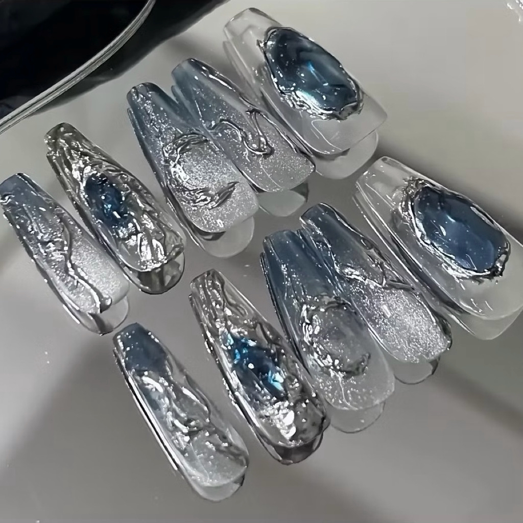 Nailbox loang xanh kim tuyến JUNLY - nail box thiết kế móng giả tráng gương bạc cá tính 170