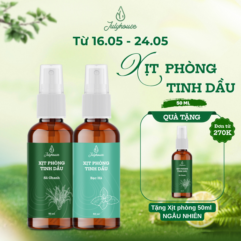 Xịt phòng tinh dầu sả chanh, bạc hà, quế JULYHOUSE 50ml khử mùi nhiều không gian