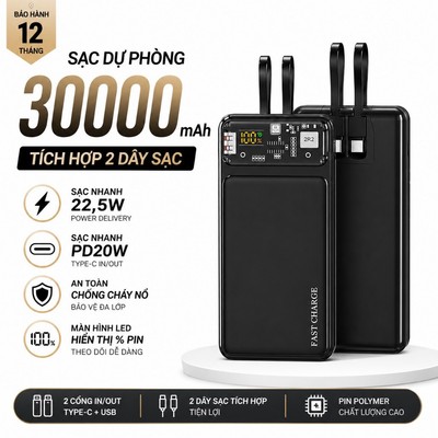 Sạc dự phòng 30000mAh sạc nhanh 120W & PD20W 2 dây tích hợp màn hình LED tương thích mọi thiết bị