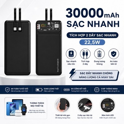 SẠC DỰ PHÒNG 30000mAh 22.5W SẠC NHANH SIÊU TỐC, CÓ MÀN HÌNH LED & 2 DÂY SẠC TIỆN LỢI
