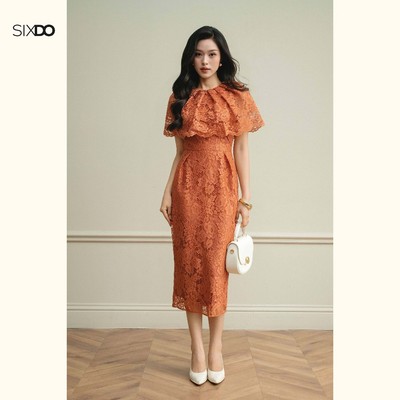Đầm bút chì ren choàng vai cổ tròn SIXDO (Ochre Lace Pencil Dress)
