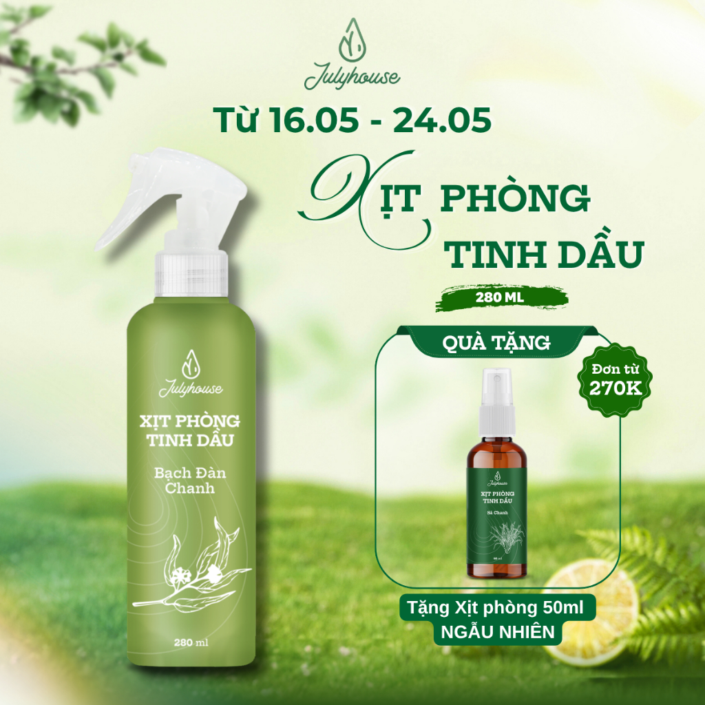 Xịt phòng Julyhouse 280ml chiết xuất từ tinh dầu Bạch đàn chanh hương thơm dịu nhẹ