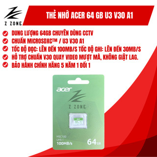Thẻ Nhớ Acer MSC100 64GB MicroSDXC UHS-I U3 V30 A1 – 100MB/s Chuyên Camera – Quay 4K – Chính Hãng