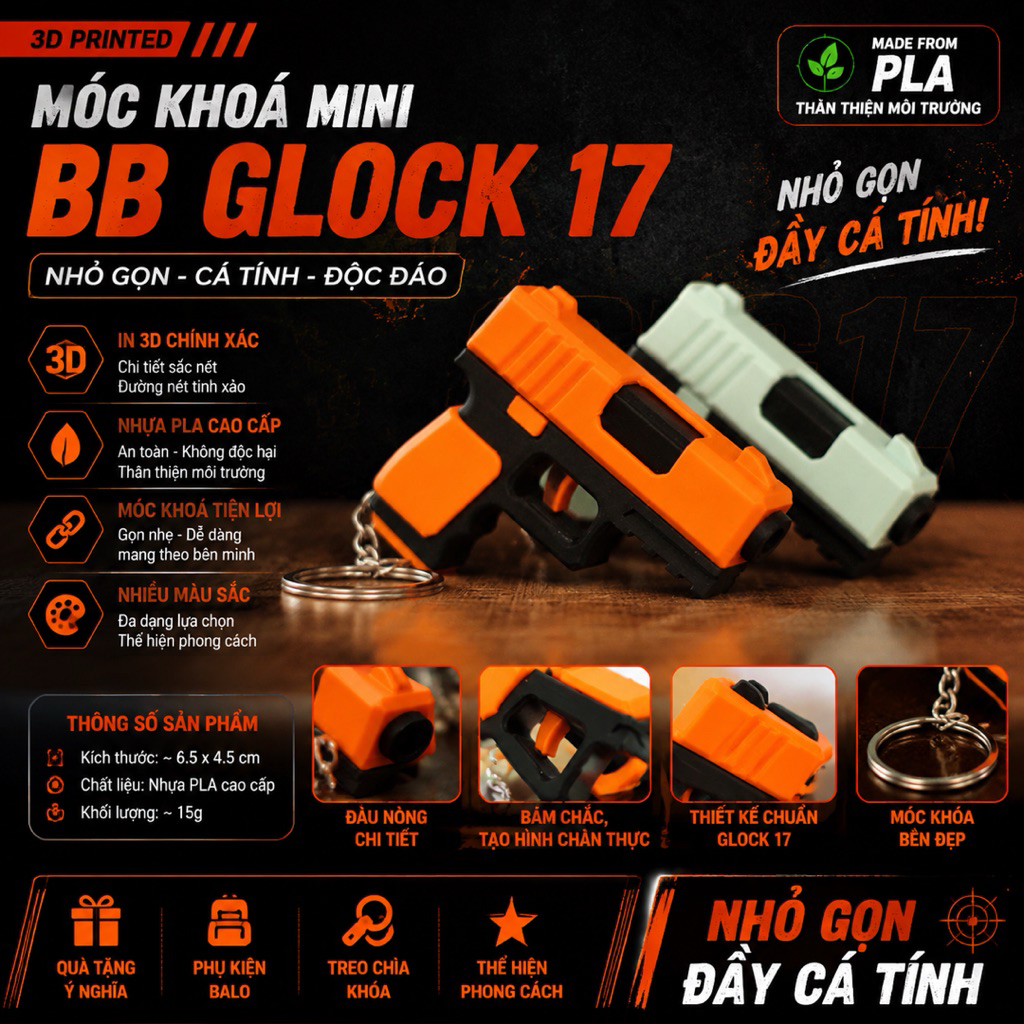 🔥 Catzy Studio | Móc Khóa Mini BB Glock 17 In 3D PLA Cao Cấp – Phụ Kiện Decor Balo, Chìa Khóa Cá Tín