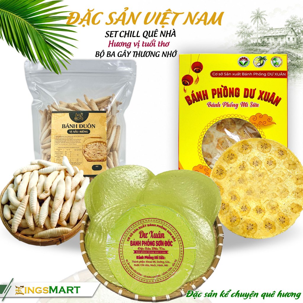 [Vị Tuổi Thơ] Set Chill Quê Nhà  – Bánh đuôn 500g x Bánh phồng 300g x Bánh tráng sữa 300g - Kingsmar