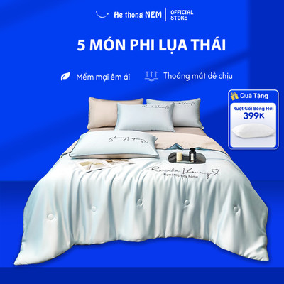 Bộ Ga Giường 5 Món Lụa Thái He thong NEM – Chăn Ga Gối Mịn Mát Mùa Thu