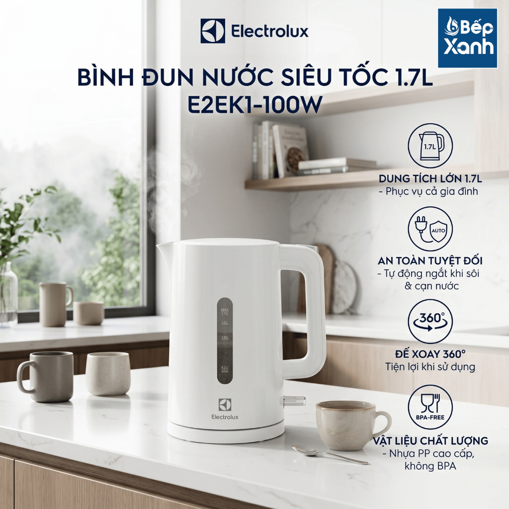 [CHÍNH HÃNG] Bình đun siêu tốc 1.7L Electrolux E2EK1-100W - Công Suất 100W