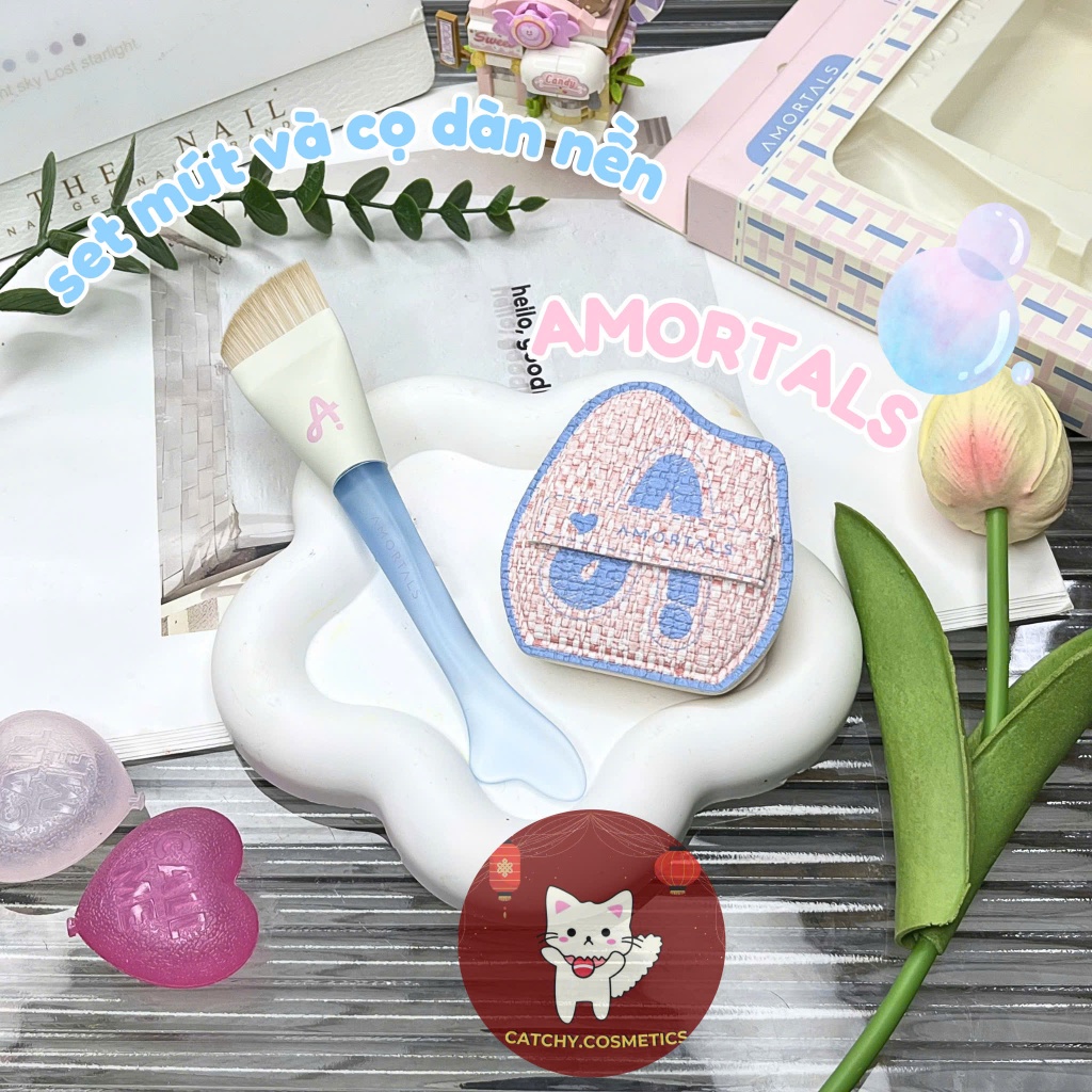 [AMORTALS] Set Cọ Dàn Nền Amortals Kèm Mút Tán Nền Tiên Cá Vỏ Hồng Pastel Tiện Lợi